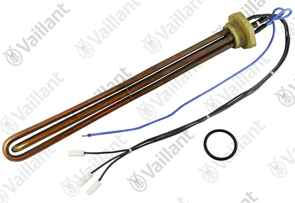 Vaillant Heizstab mit Kabel, Metallrohre in geschwungener Form, mehrere Anschlüsse zur elektrischen Verbindung und eine Dichtung.